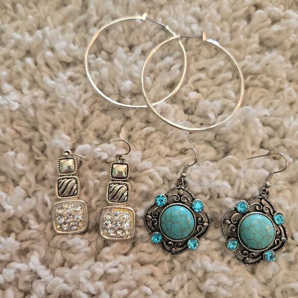 Hoops, Turquoise Rhinestone & Silver Rhinestone Earrings ALL - Picture 3 of 6
